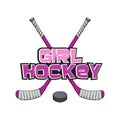 Pink Ice Hockey stick with puck. Hockey girl lettering. Sports Vector illustration isolated on white background. Ice Royalty Free Stock Photo