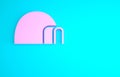 Pink Igloo ice house icon isolated on blue background. Snow home, Eskimo dome-shaped hut winter shelter, made of blocks