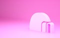 Pink Igloo ice house icon isolated on pink background. Snow home, Eskimo dome-shaped hut winter shelter, made of blocks