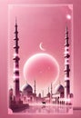a pink image of a mosque with a moon in the background