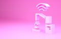 Pink Industrial machine robotic robot arm hand factory icon isolated on pink background. Industrial robot manipulator