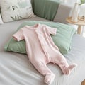 Pink infant bodysuit made of organic cotton lay on light green pillow on sofa. Template for brand, logo, advertising