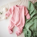 Pink infant bodysuit made of organic cotton lay on light green pillow on sofa. Template for brand, logo, advertising