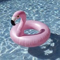 Pink inflatable flamingo float in a swimming pool. Royalty Free Stock Photo