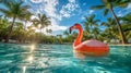 Pink Inflatable Flamingo in a Tropical Pool Royalty Free Stock Photo