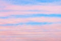 Pink ÃÂirrus clouds blue sky background closeup, red dawn cirrostratus cloud texture, purple evening sunset morning sunrise clouds Royalty Free Stock Photo