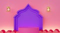 Pink islamic decoration background blue mosque arc pink product display podium red circle design on floor hanging lantern lamp