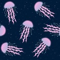 pink jellyfish on a dark blue background seamless pattern underwater sea medusa fluorescent srar vector Royalty Free Stock Photo