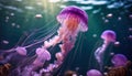 Pink jellyfish floats in dark sea water. Mauve Stinger, Pelagia noctiluca. Underwater life