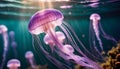 Pink jellyfish floats in dark sea water. Mauve Stinger, Pelagia noctiluca. Underwater life