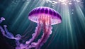 Pink jellyfish floats in dark sea water. Mauve Stinger, Pelagia noctiluca. Underwater life