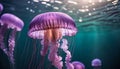 Pink jellyfish floats in dark sea water. Mauve Stinger, Pelagia noctiluca. Underwater life Royalty Free Stock Photo