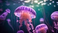 Pink jellyfish floats in dark sea water. Mauve Stinger, Pelagia noctiluca. Underwater life