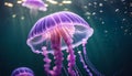 Pink jellyfish floats in dark sea water. Mauve Stinger, Pelagia noctiluca. Underwater life