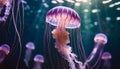 Pink jellyfish floats in dark sea water. Mauve Stinger, Pelagia noctiluca. Underwater life