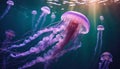 Pink jellyfish floats in dark sea water. Mauve Stinger, Pelagia noctiluca. Underwater life