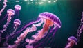 Pink jellyfish floats in dark sea water. Mauve Stinger, Pelagia noctiluca. Underwater life