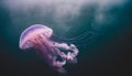 Pink jellyfish floats in dark sea water. Mauve Stinger, Pelagia noctiluca. Underwater life