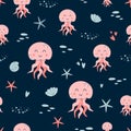 Pink jellyfish pattern on dark blue background. Girls nautical seamless pattern Cute sea animals print. Girly vector Royalty Free Stock Photo