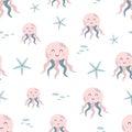 Pink jellyfish pattern. Girls nautical seamless pattern Pink jellyfish Cute sea animals baby background. Girly vector Royalty Free Stock Photo
