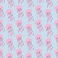 Pink jellyfish. Seamless pattern. Endless ornament of marine invertebrates. Blue background