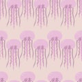 Pink jellyfish. Seamless pattern. Endless ornament of marine invertebrates. Pink background