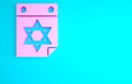 Pink Jewish calendar with star of david icon isolated on blue background. Hanukkah calendar day. Minimalism concept. 3d