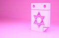 Pink Jewish calendar with star of david icon isolated on pink background. Hanukkah calendar day. Minimalism concept. 3d