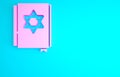 Pink Jewish torah book icon isolated on blue background. Pentateuch of Moses. On the cover of the Bible is the image of