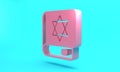 Pink Jewish torah book icon isolated on turquoise blue background. On the cover of the Bible is the image of the Star of