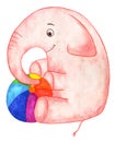 A pink joyful elephant sits and holds a multi-colored ball.