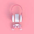 Pink joystick with pink headphones and smart phone on pink table background, Computer game competition, Gaming concept