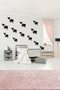 Pink kid`s bedroom interior