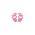 Pink kids or baby feet and foot steps with heart. New born, pregnant or coming soon child footprints Royalty Free Stock Photo