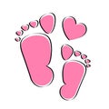 Pink kids or baby feet and foot steps with heart. New born, pregnant or coming soon child footprints. Vector Royalty Free Stock Photo