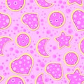 Pink kids seamless pattern with hearts, stars, moons, circles