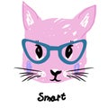 pink kitty face with glasses in kids style with text lovely. print for t shirt