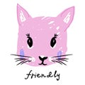 Pink kitty face in kids style with text friendly