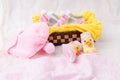 Pink knit hat and socks gift set for a newborn baby girl Royalty Free Stock Photo