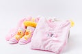 Pink knit hat and socks gift set for a newborn baby girl Royalty Free Stock Photo