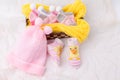 Pink knit hat and socks gift set for a newborn baby girl Royalty Free Stock Photo