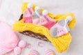 Pink knit hat and socks gift set for a newborn baby girl