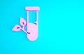 Pink Laboratory glass and leaves icon isolated on blue background. Chemical test tube with leaf. Eco Lab. Minimalism