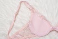 Pink lace bra on white fur, inner side. Flat lay. Fashion lingerie concept Royalty Free Stock Photo