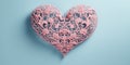 Pink lace heart with an intricate pattern with beautiful curls, isolated on soft blue background. Romantic Valentine