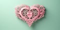 Pink lace heart with an intricate pattern, beautiful curls and leaves isolated on soft green background. Romantic