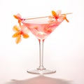 A Pink Lady cocktail in a stemmed glass against white background.