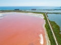 Pink lake Sasyk Sivash. The track and the Black Sea are visible in the background. Selective focus. Taken from the drone Royalty Free Stock Photo