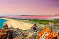 Pink lake at sunset light Royalty Free Stock Photo