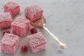 Pink Lamingtons with Raspberries on Marble Royalty Free Stock Photo